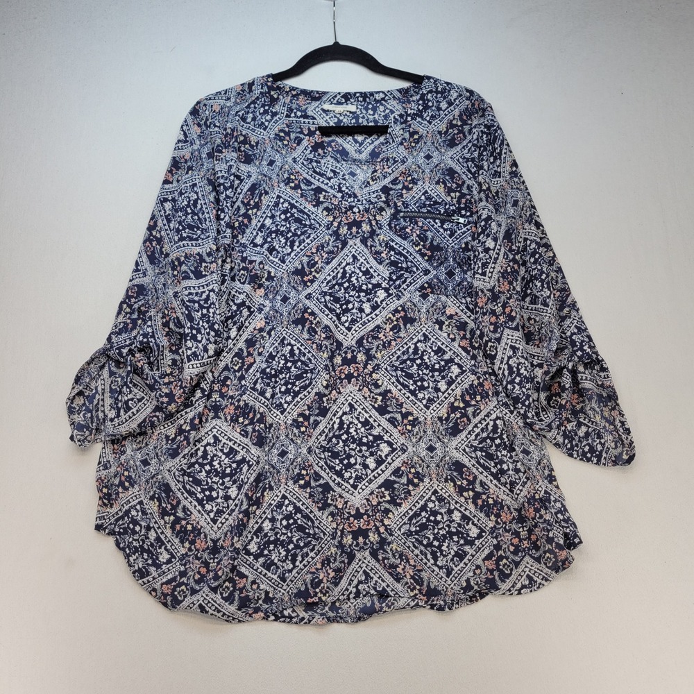 Maurices Blouse Womens 1X Navy Blue Boho Paisley Roll Tab Sleeve Zip Pocket Top